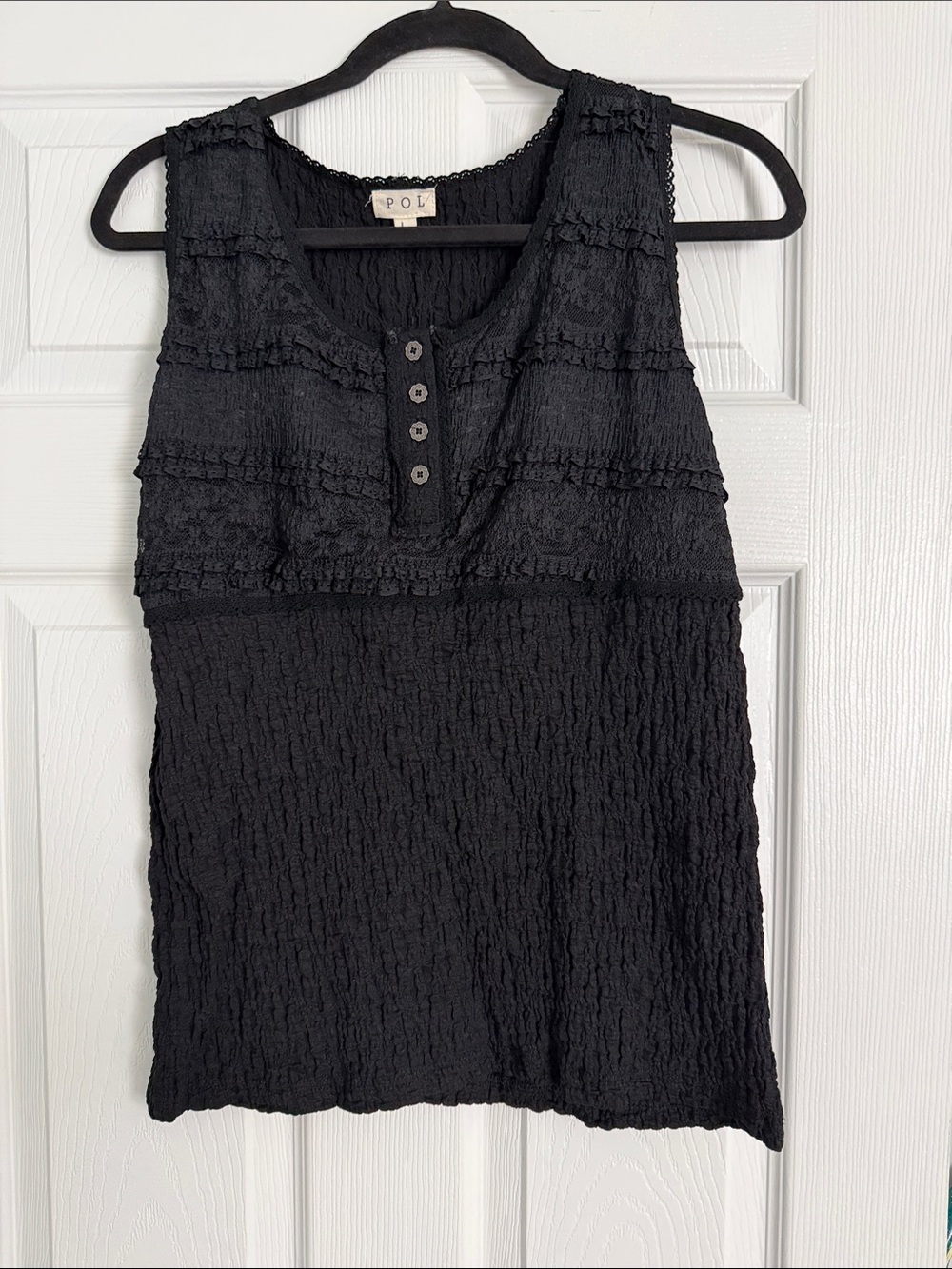 POL Black Textured Ruffle-Trim Tank
